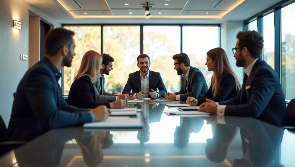 Group of professionals brainstorming around a conference table, embodying leadership development and teamwork.