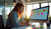 Focused project manager working at a modern desk with colorful sticky notes and devices.