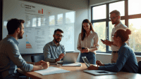 Professionals collaborating in a modern office, engaging with digital devices and whiteboards.