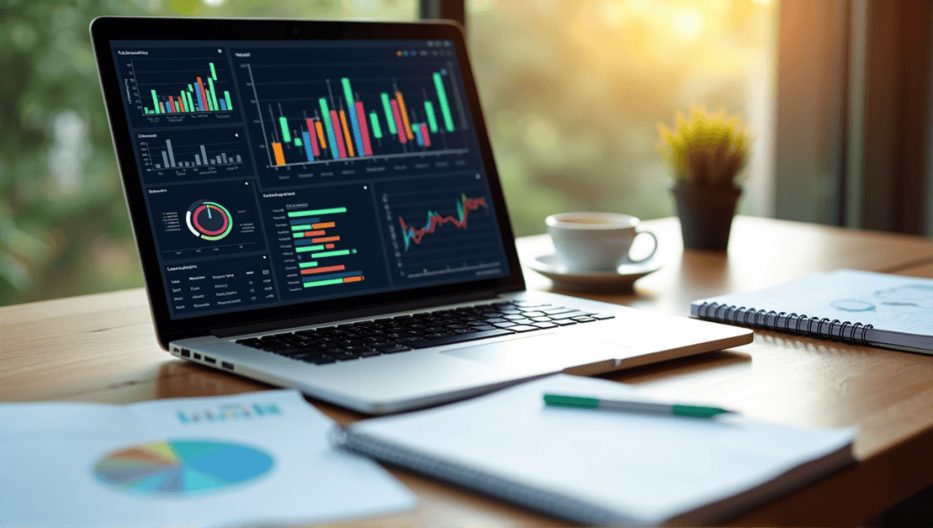 Array of trend analysis tools including a laptop with graphs and spreadsheets on a desk.