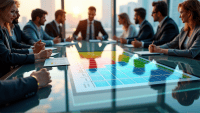 Large risk matrix on a glass table with business professionals discussing risks and strategies.