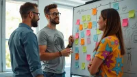 Diverse professionals collaborating in an agile team, discussing around a whiteboard with post-it notes.