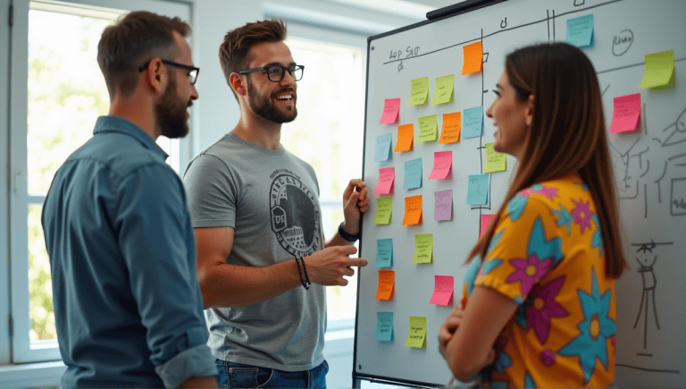 Diverse professionals collaborating in an agile team, discussing around a whiteboard with post-it notes.