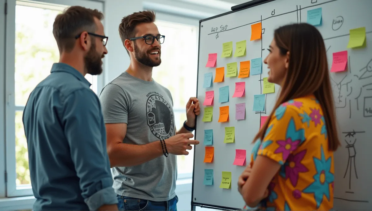 Diverse professionals collaborating in an agile team, discussing around a whiteboard with post-it notes.