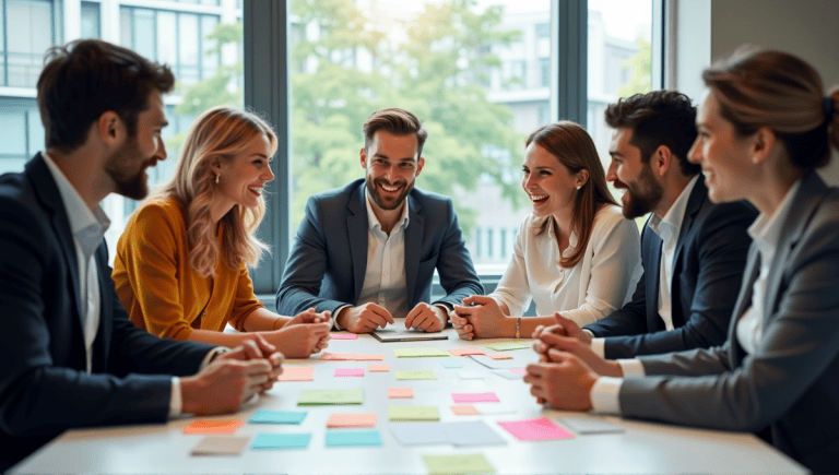 Team of professionals engaged in lively discussion around a conference table, showcasing effective collaboration.