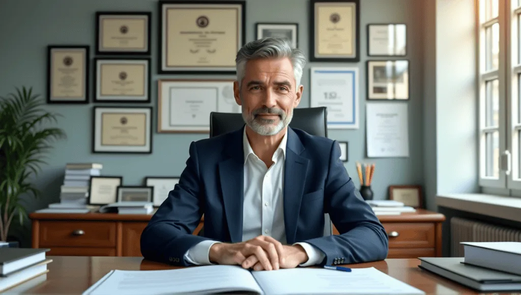 Project administrator in navy suit reviewing documents at desk, surrounded by certification plaques and diplomas.