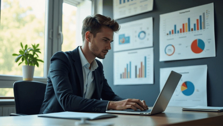 Product analyst in smart casual attire analyzing data on a laptop in an office.