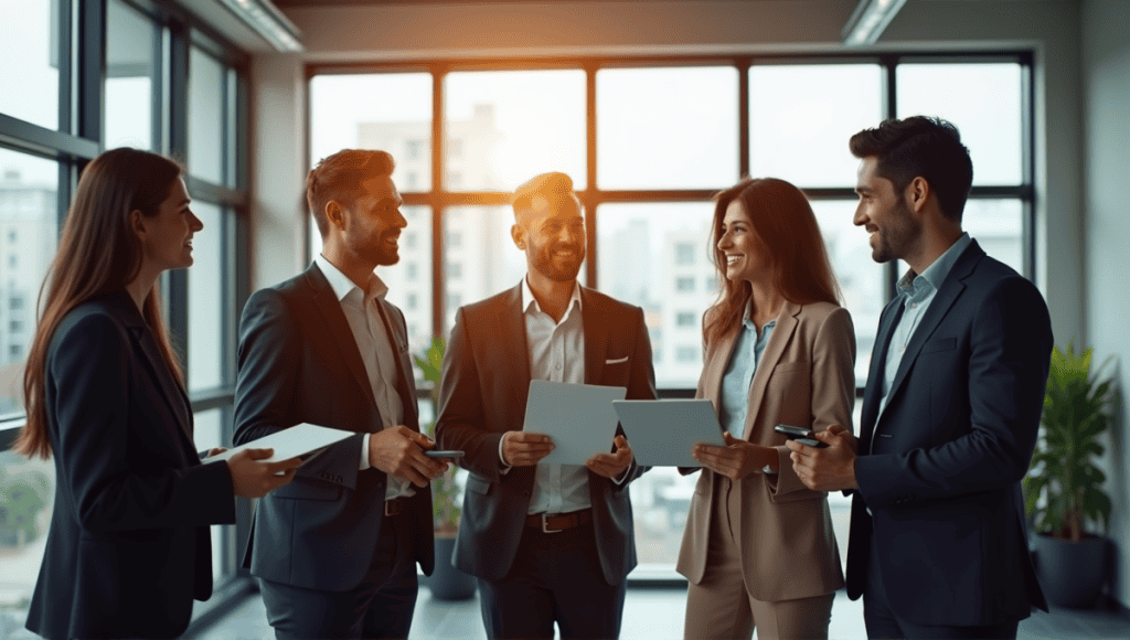 Diverse professionals in business attire discussing project management in a modern office setting.