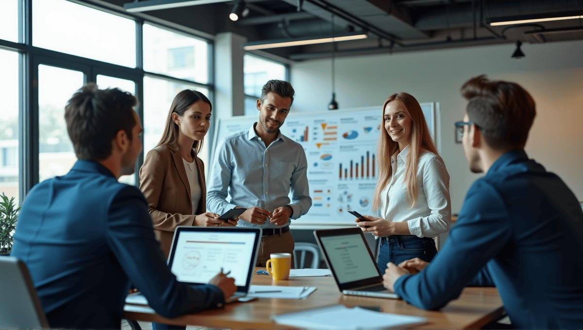 Professional team brainstorming in a modern office with charts and digital displays.