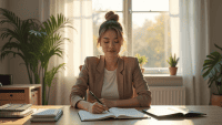 Focused individual at a modern desk, surrounded by self-management tools and digital devices.