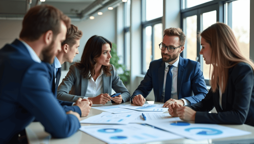 Group of professionals in business attire discussing safety metrics around a table.