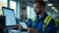 Engineer in blue overalls analyzing an event tree diagram on a digital tablet.