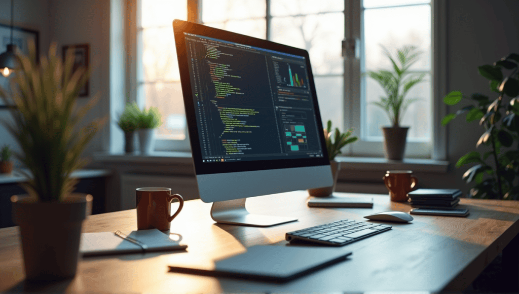 Modern workspace with a computer showing code, notepads, and coffee cups around.