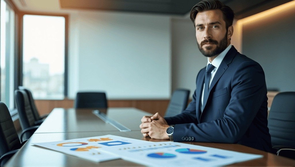 Professional in business attire discussing quality standards in a modern office setting.