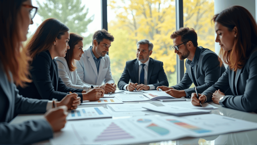 Professionals collaborating on Failure Mode and Effects Analysis in a modern conference room.