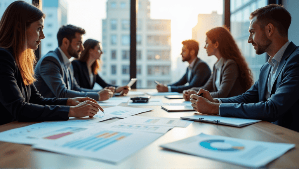 Diverse professionals collaborate in a modern conference room, analyzing risk assessment charts and graphs.