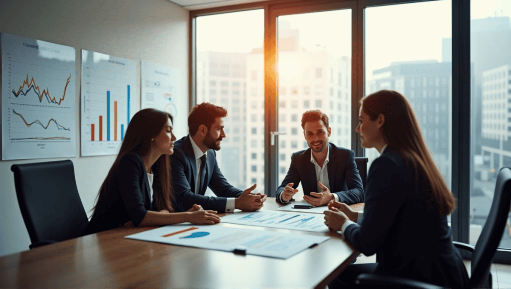 Diverse professionals in business attire discussing charts in a modern conference room.