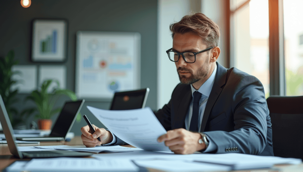 Professional in an office reviewing documents, surrounded by quality assurance and control symbols.