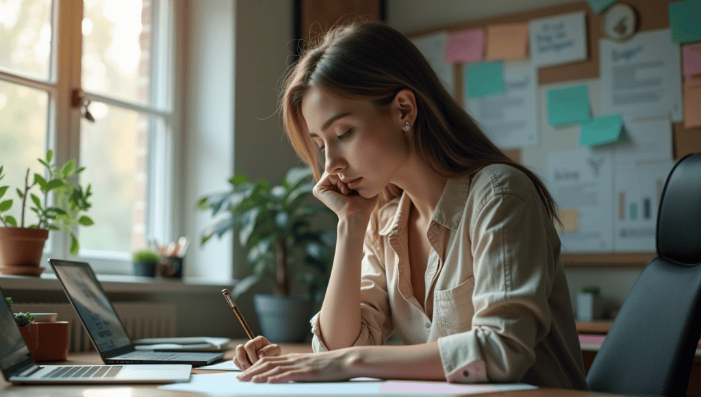 Focused individual at a desk with motivational notes and goal charts, deep in thought.