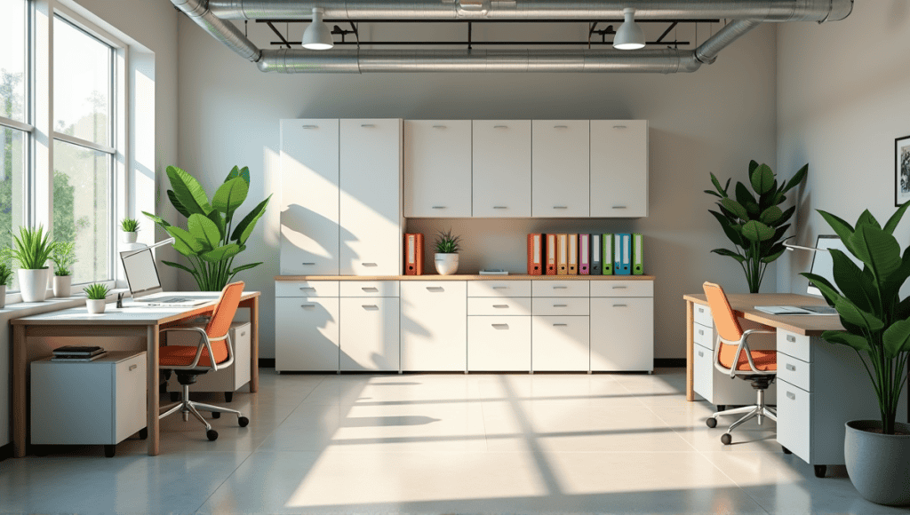 Modern office workspace organized with 5S methodology, featuring neat desks and labeled storage.