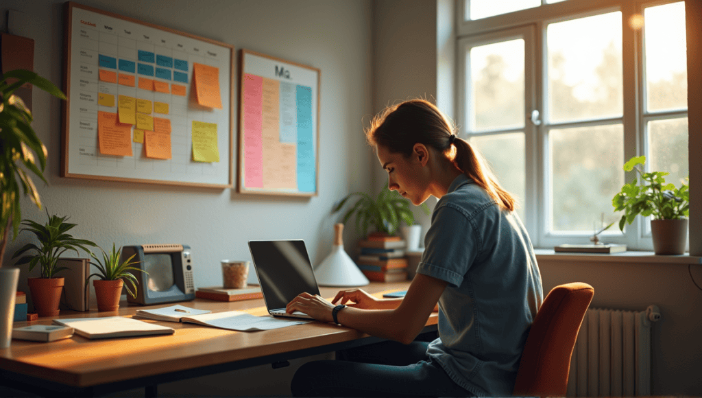 Workspace with sticky notes, calendar, and focused individual working on a laptop.