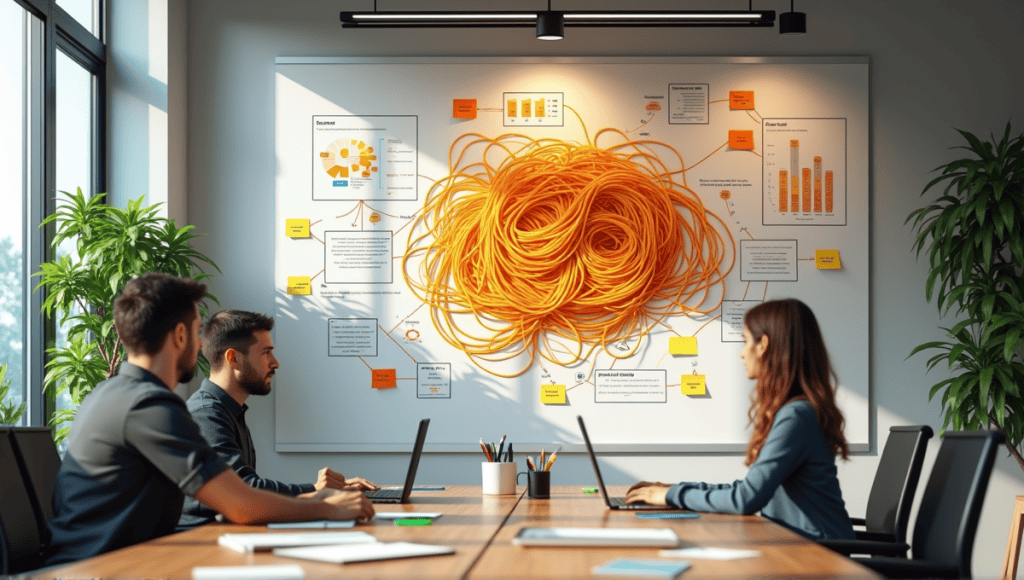 Workplace setting with spaghetti diagram on wall, sticky notes, flowcharts, and brainstorming tools.