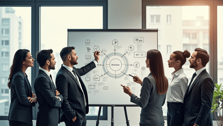 A group of professionals brainstorming around a whiteboard filled with diagrams and notes.