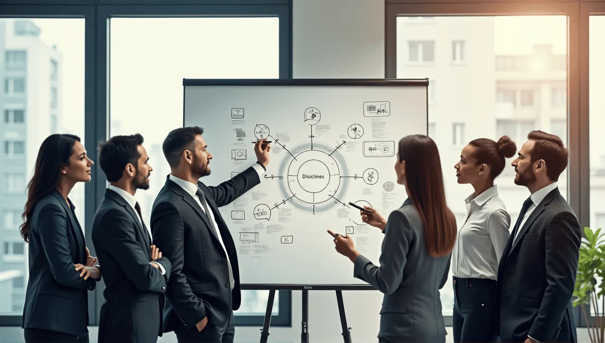 A group of professionals brainstorming around a whiteboard filled with diagrams and notes.