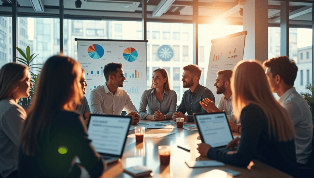 A group of professionals discussing strategies in a modern office filled with charts and notes.