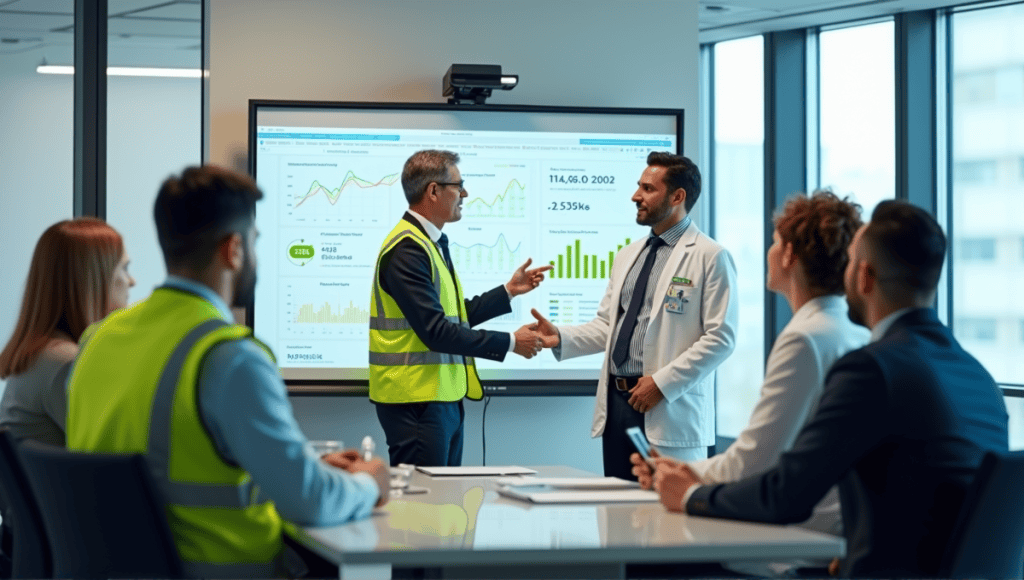 Group of professionals in a safety meeting, discussing metrics in a modern conference room.