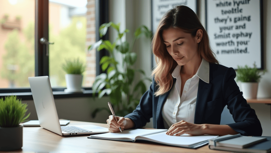 Professional woman in tailored outfit reviews planner at a modern, organized desk with productivity tools.