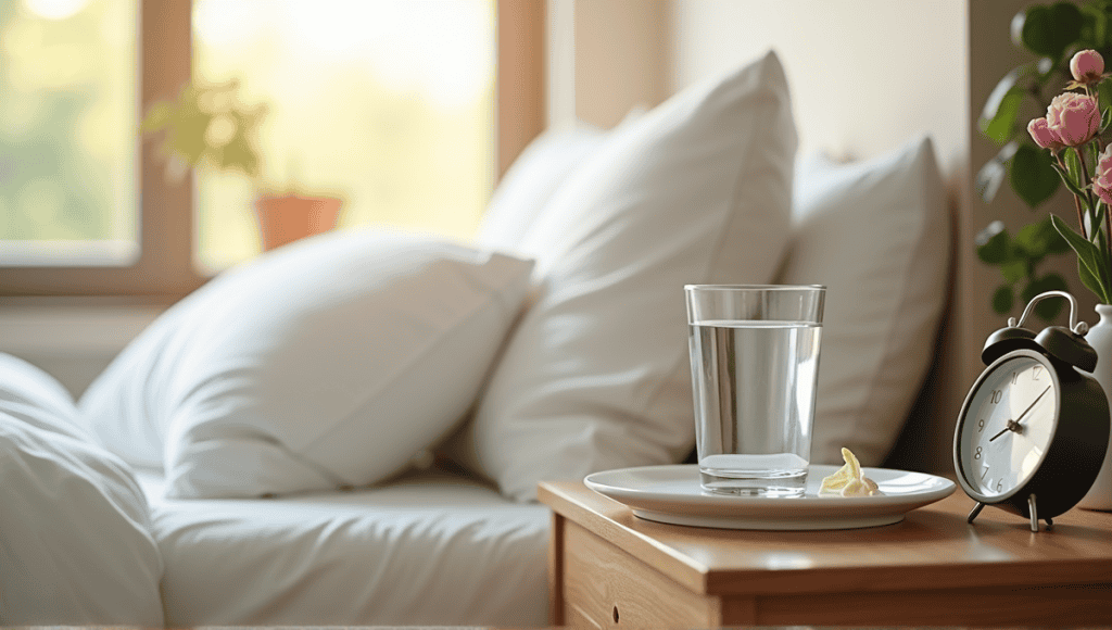 Serene bedside table with a glass of water and stylish alarm clock in morning light.