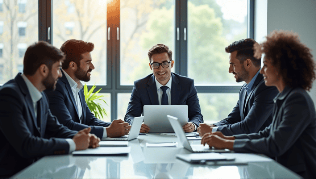 Diverse professionals in smart attire discussing project management around a modern conference table.