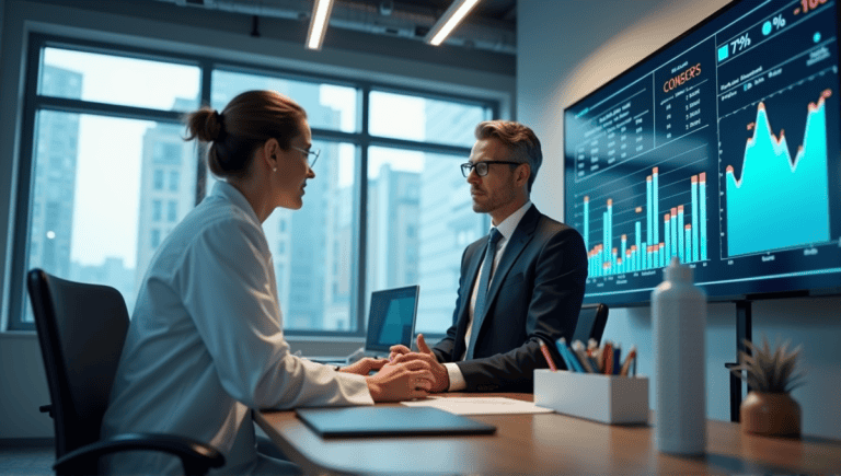 Two professionals discussing quality assurance and control in an office, surrounded by charts.