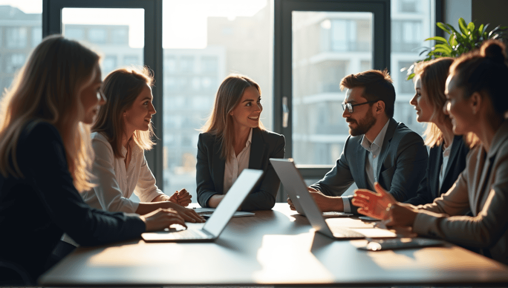 professionals collaborating in a modern office, showcasing teamwork and innovation in Agile roles.