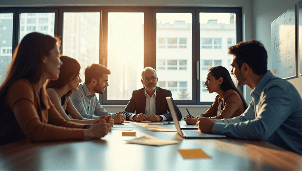 Diverse professionals collaborating in a modern office, focused on agile methodologies and feedback loops.