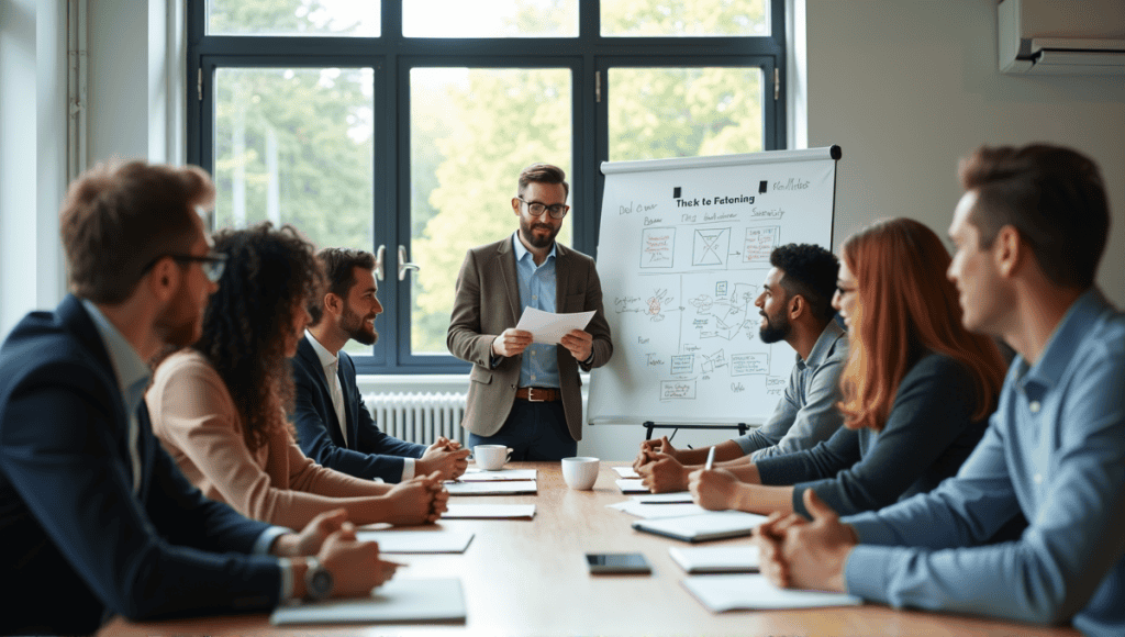 A team brainstorming session in a modern office with a whiteboard and notepads.