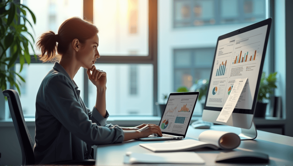 Person in smart casual attire analyzing data at a modern desk with research papers.