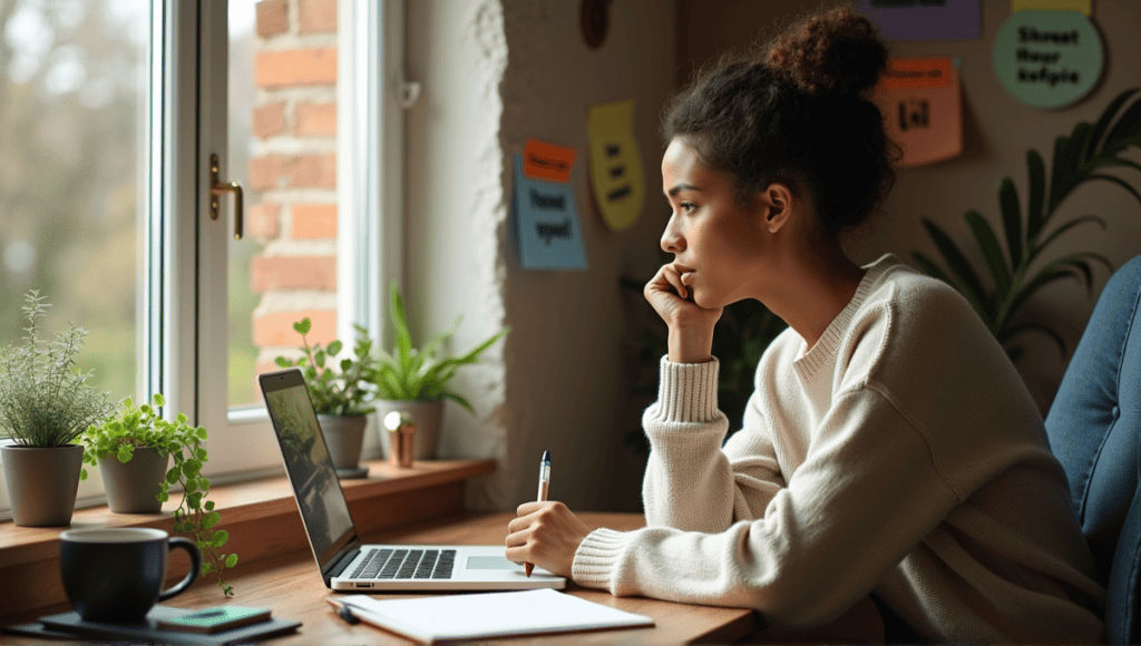 Individual in casual attire sitting at a desk, writing in a notebook with motivational quotes.