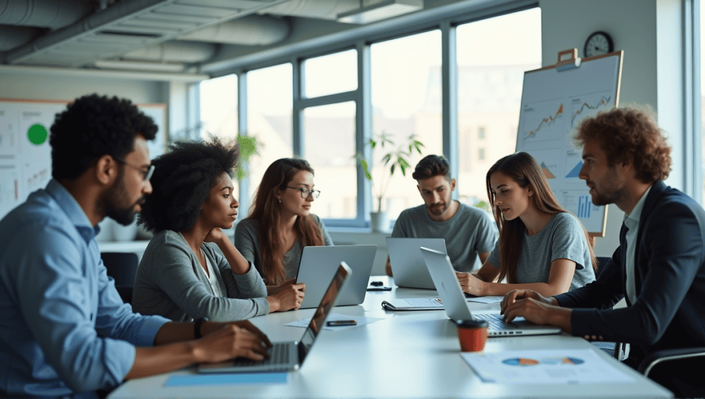 Diverse data scientists analyzing charts and graphs collaboratively in a bright office space.