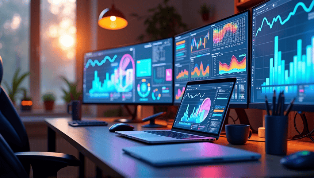 Vibrant workspace of a product analyst with analytics software and data visualization tools.