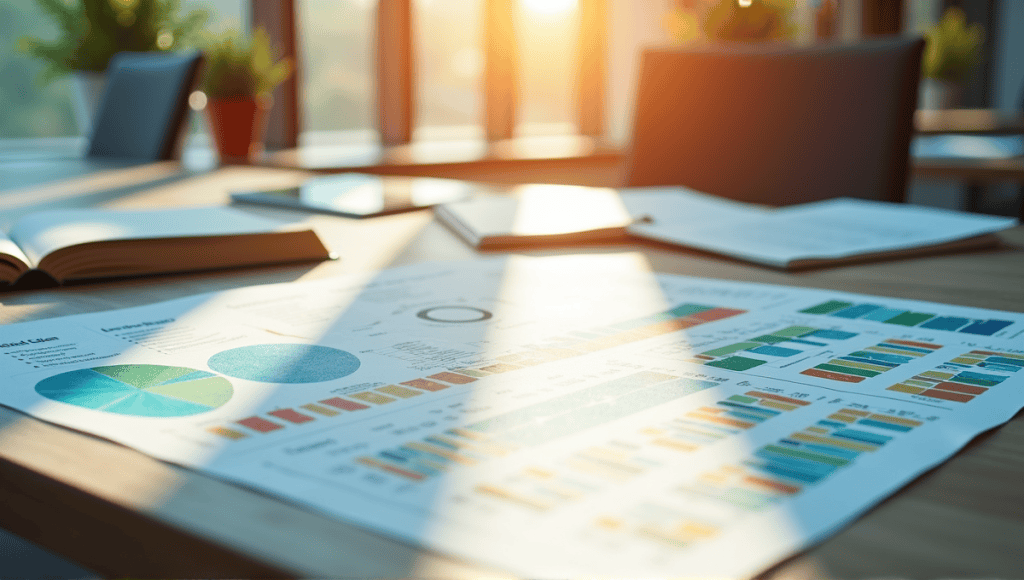 Infographic comparing stakeholders and shareholders with organized diagrams and tables in an office setting.