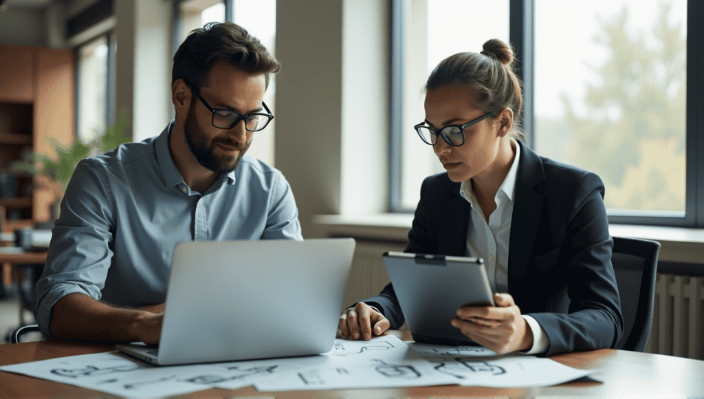 Two professionals discussing product design and project plans in a modern office.