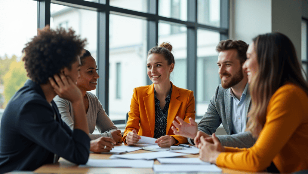 group of professionals collaborating in a modern office environment, showcasing various skills.