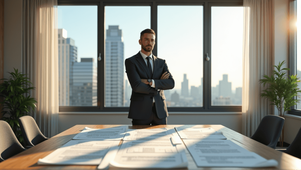 Focused project manager in business attire reviewing blueprints at a large wooden table.