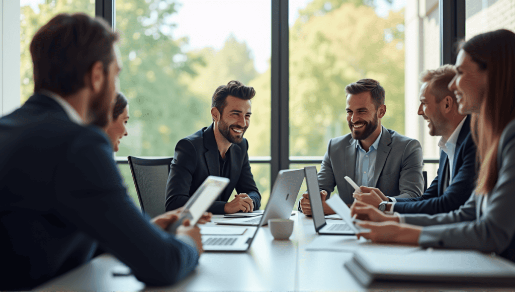 A group of professionals discussing project communication at a modern conference table.