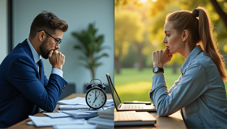 A busy office worker contrasts with a thoughtful individual in a serene park.