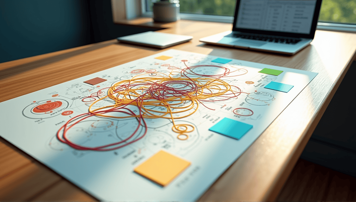 Detailed spaghetti diagram illustrating interconnected processes, surrounded by sticky notes and a laptop.