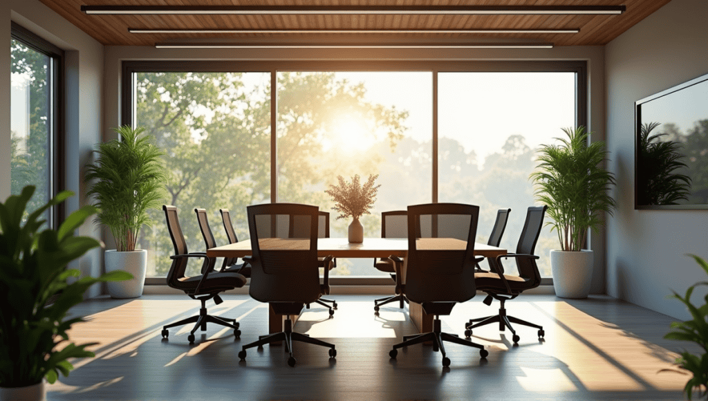 Modern meeting room with a large table, ergonomic chairs, and plants for collaboration.