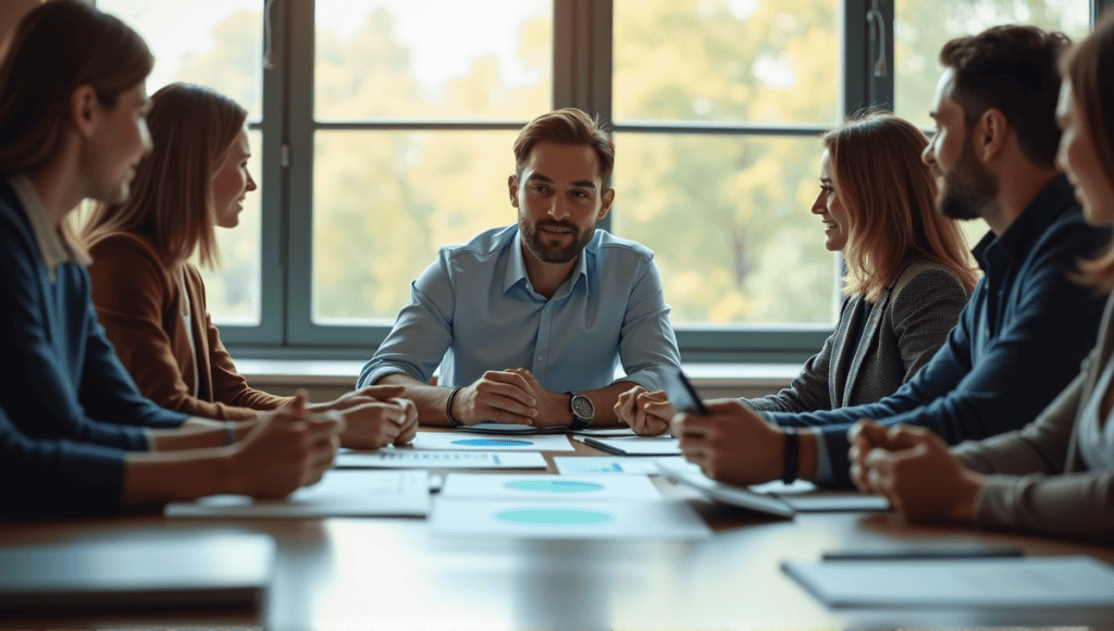 Diverse professionals collaborating in a dynamic meeting room, showcasing teamwork and effective communication.